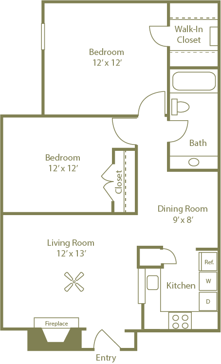 Floor plan for 2 beds, 1 bath, 851 sqft